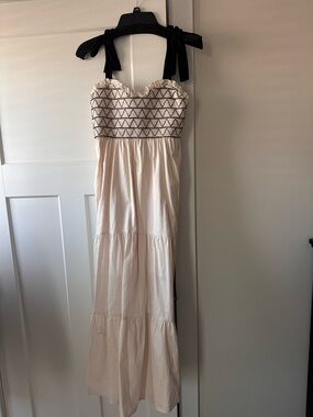 Tiered Cream Maxi Dress with Black Embroidered Bodice and Tie Straps